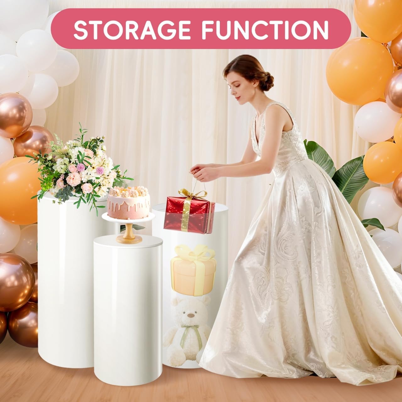 3Pcs Cylinder Stands for Party Round Pedestal Stand with Spandex Covers & Weighted Base - for Birthday Wedding Party Outdoor Indoor Decor (White)